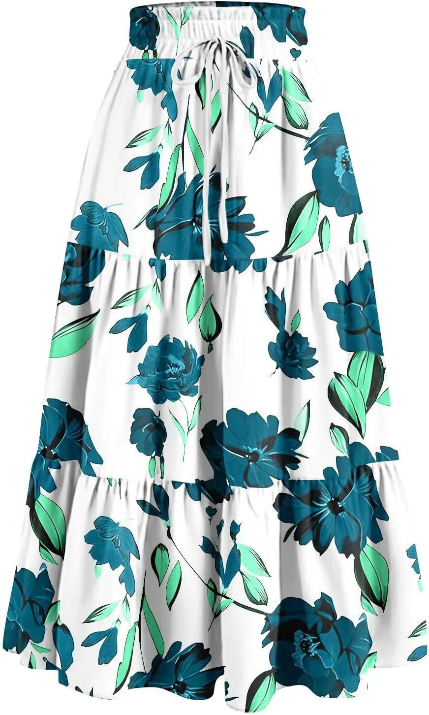 Maxi Skirts for Women 2025 Spring Summer Trendy Elastic Waist Floral Flowy Long Skirt Beach Vacation Clothes