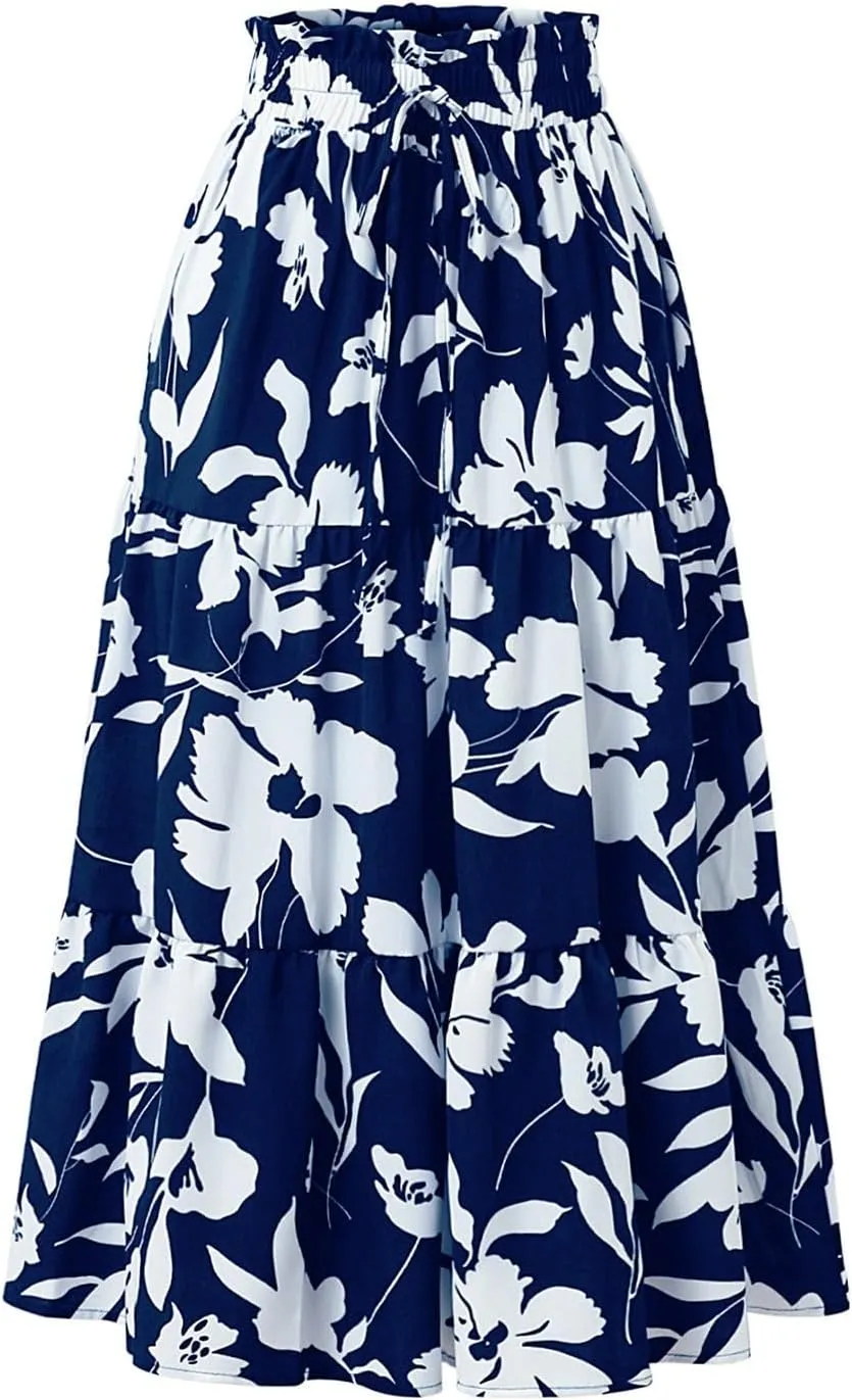 Maxi Skirts for Women 2025 Summer Elastic High Waisted Tiered Floral Skirts Beach Boho A-Line Flowy Swing Long Skirts