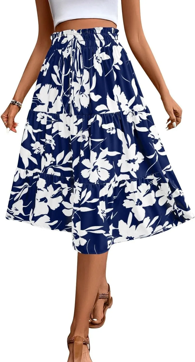Maxi Skirts for Women 2025 Summer Elastic High Waisted Tiered Floral Skirts Beach Boho A-Line Flowy Swing Long Skirts
