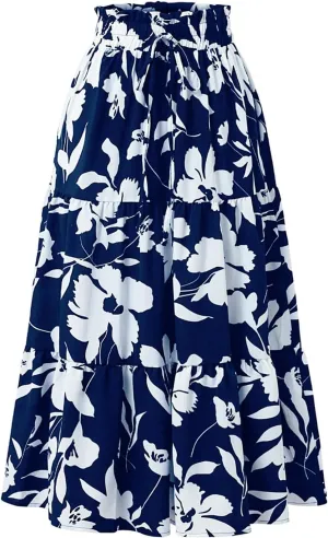 Maxi Skirts for Women 2025 Summer Elastic High Waisted Tiered Floral Skirts Beach Boho A-Line Flowy Swing Long Skirts