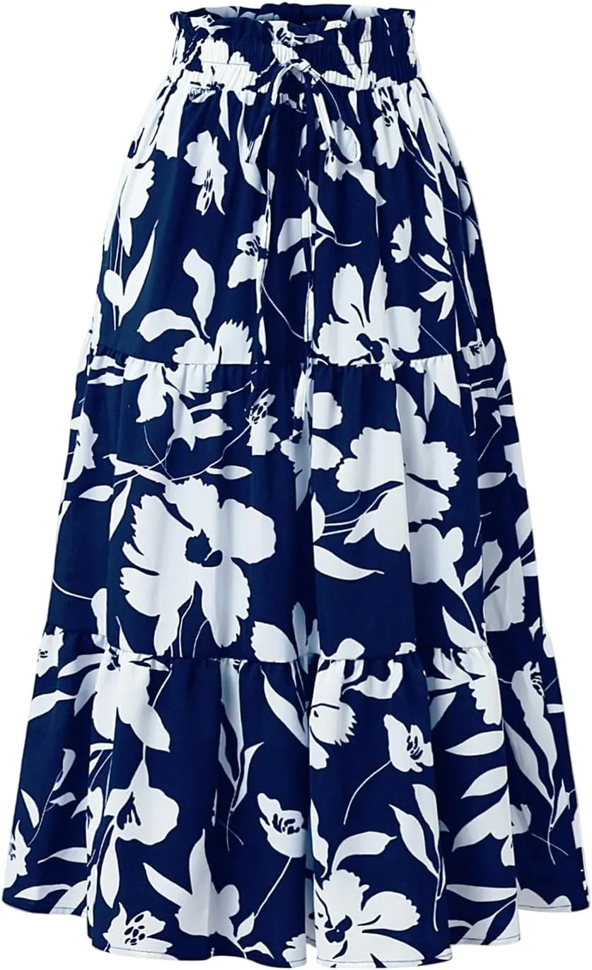 Maxi Skirts for Women 2025 Summer Elastic High Waisted Tiered Floral Skirts Beach Boho A-Line Flowy Swing Long Skirts