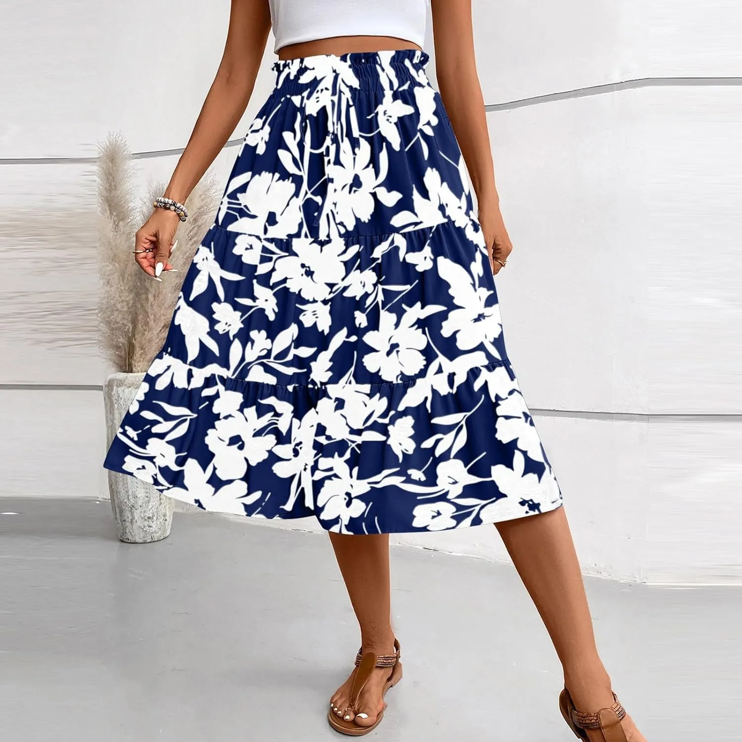 Maxi Skirts for Women 2025 Summer Elastic High Waisted Tiered Floral Skirts Beach Boho A-Line Flowy Swing Long Skirts