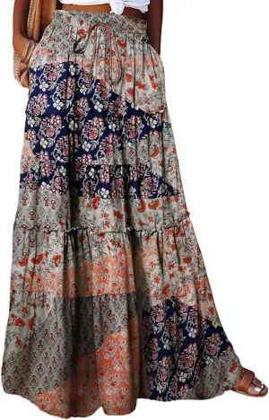 Maxi Skirts for Women Beach Boho Skirts Flowy Swing High Waisted Ruffle Tiered Summer Floral Skort with Pockets