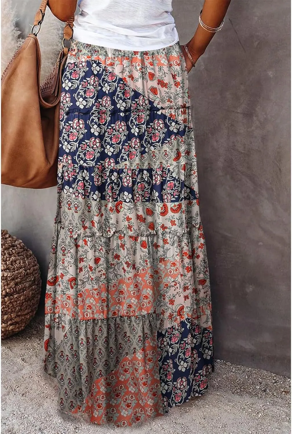 Maxi Skirts for Women Beach Boho Skirts Flowy Swing High Waisted Ruffle Tiered Summer Floral Skort with Pockets