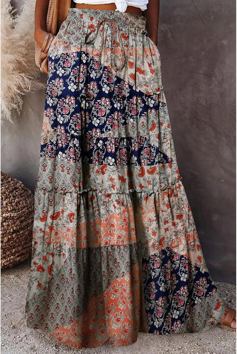 Maxi Skirts for Women Beach Boho Skirts Flowy Swing High Waisted Ruffle Tiered Summer Floral Skort with Pockets