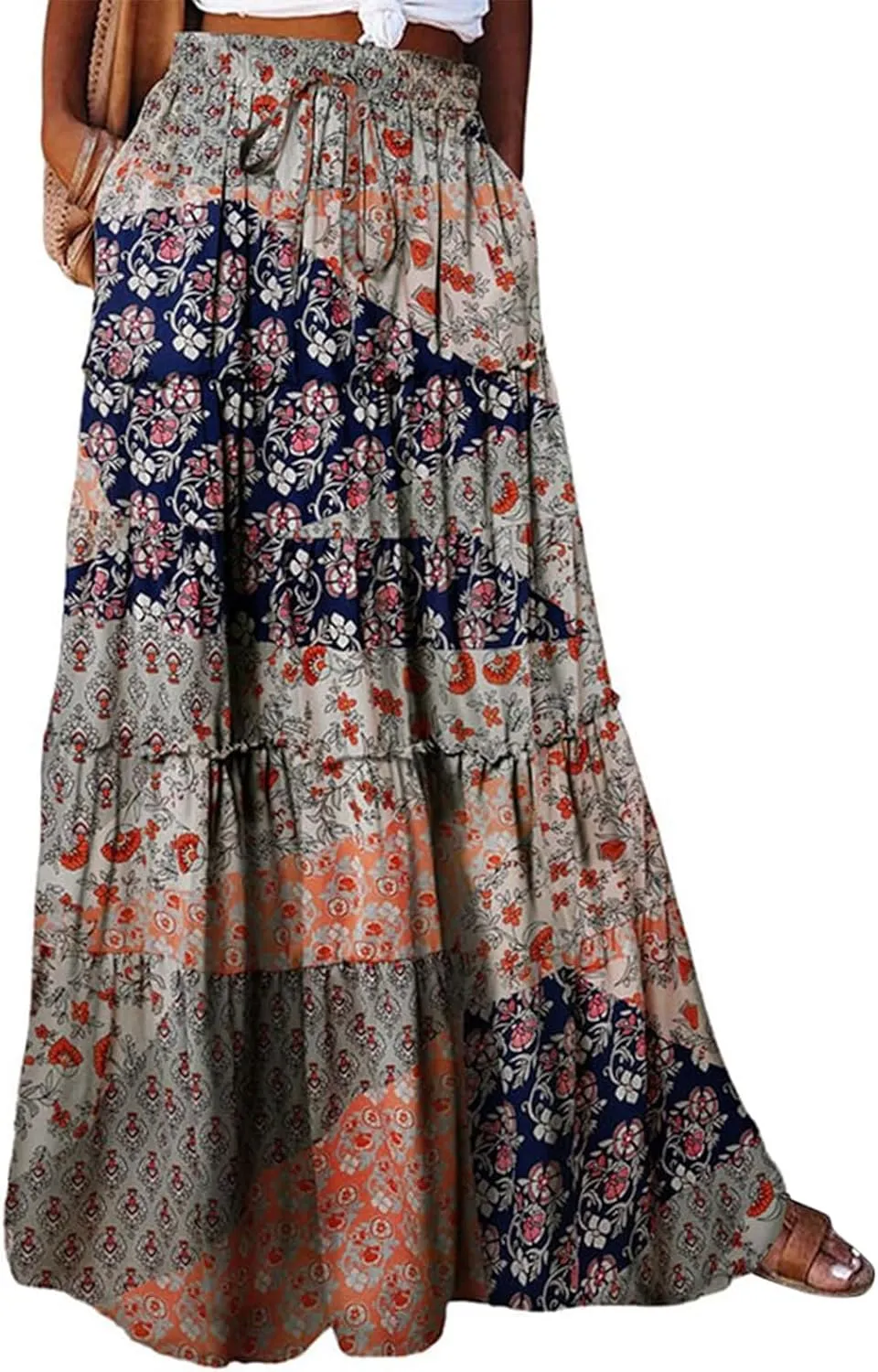 Maxi Skirts for Women Beach Boho Skirts Flowy Swing High Waisted Ruffle Tiered Summer Floral Skort with Pockets