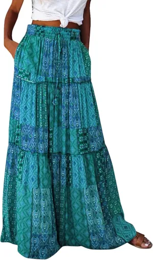 Maxi Skirts for Women Beach Boho Skirts Ruffle Tiered Flowy Swing High Waisted Summer Floral Skort with Pockets