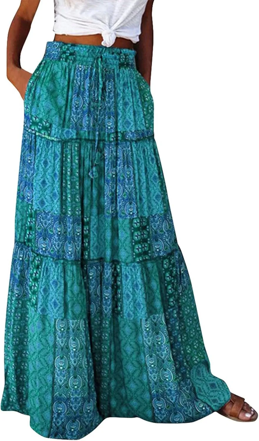 Maxi Skirts for Women Beach Boho Skirts Ruffle Tiered Flowy Swing High Waisted Summer Floral Skort with Pockets