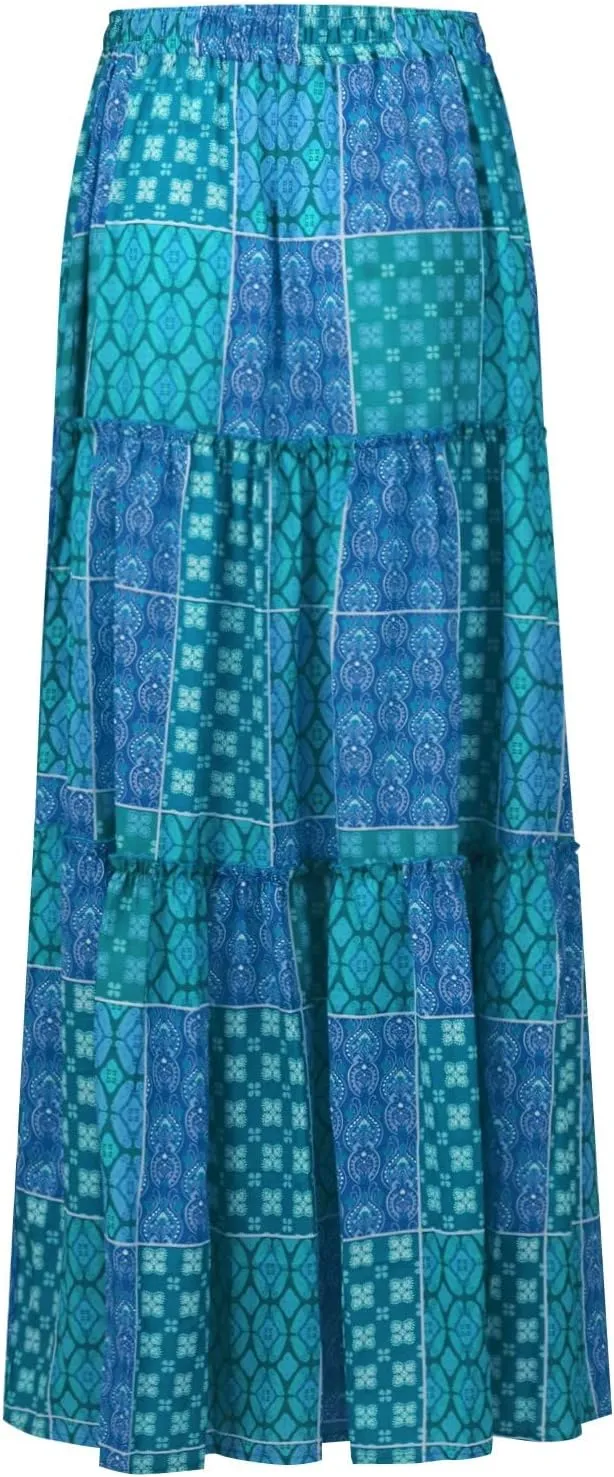 Maxi Skirts for Women Beach Boho Skirts Ruffle Tiered Flowy Swing High Waisted Summer Floral Skort with Pockets
