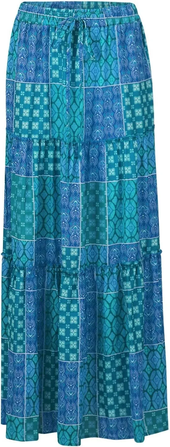 Maxi Skirts for Women Beach Boho Skirts Ruffle Tiered Flowy Swing High Waisted Summer Floral Skort with Pockets