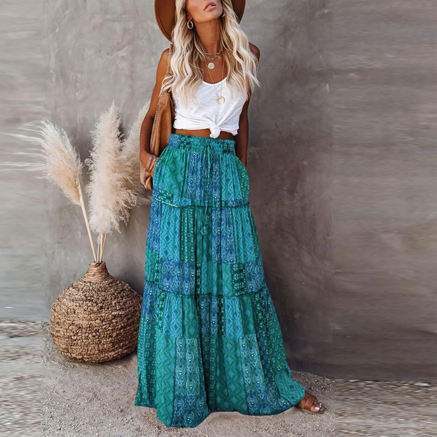 Maxi Skirts for Women Beach Boho Skirts Ruffle Tiered Flowy Swing High Waisted Summer Floral Skort with Pockets