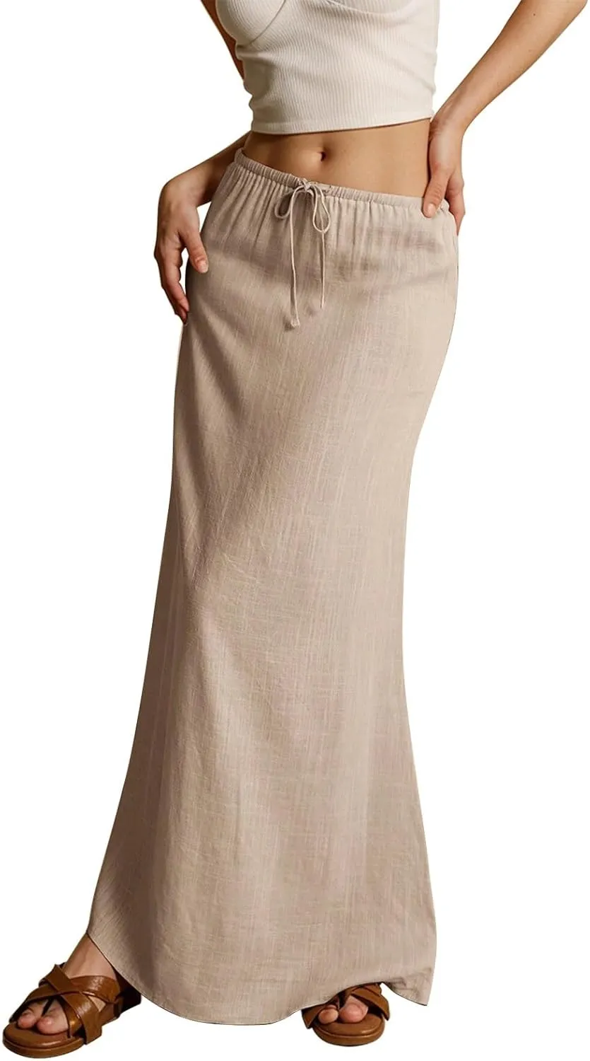 Maxi Skirts for Women Plus Size Long Flowy Skirts Comfy Drawstring Low Rise Womens Linen Skirt with Slit Summer