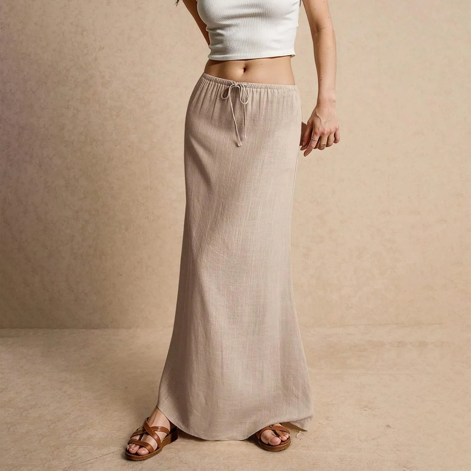 Maxi Skirts for Women Plus Size Long Flowy Skirts Comfy Drawstring Low Rise Womens Linen Skirt with Slit Summer