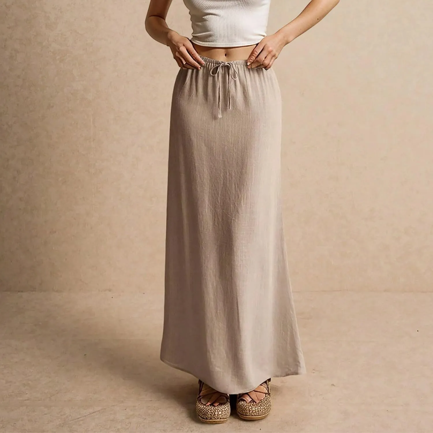 Maxi Skirts for Women Plus Size Long Flowy Skirts Comfy Drawstring Low Rise Womens Linen Skirt with Slit Summer