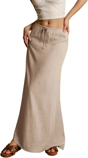 Maxi Skirts for Women Plus Size Long Flowy Skirts Comfy Drawstring Low Rise Womens Linen Skirt with Slit Summer