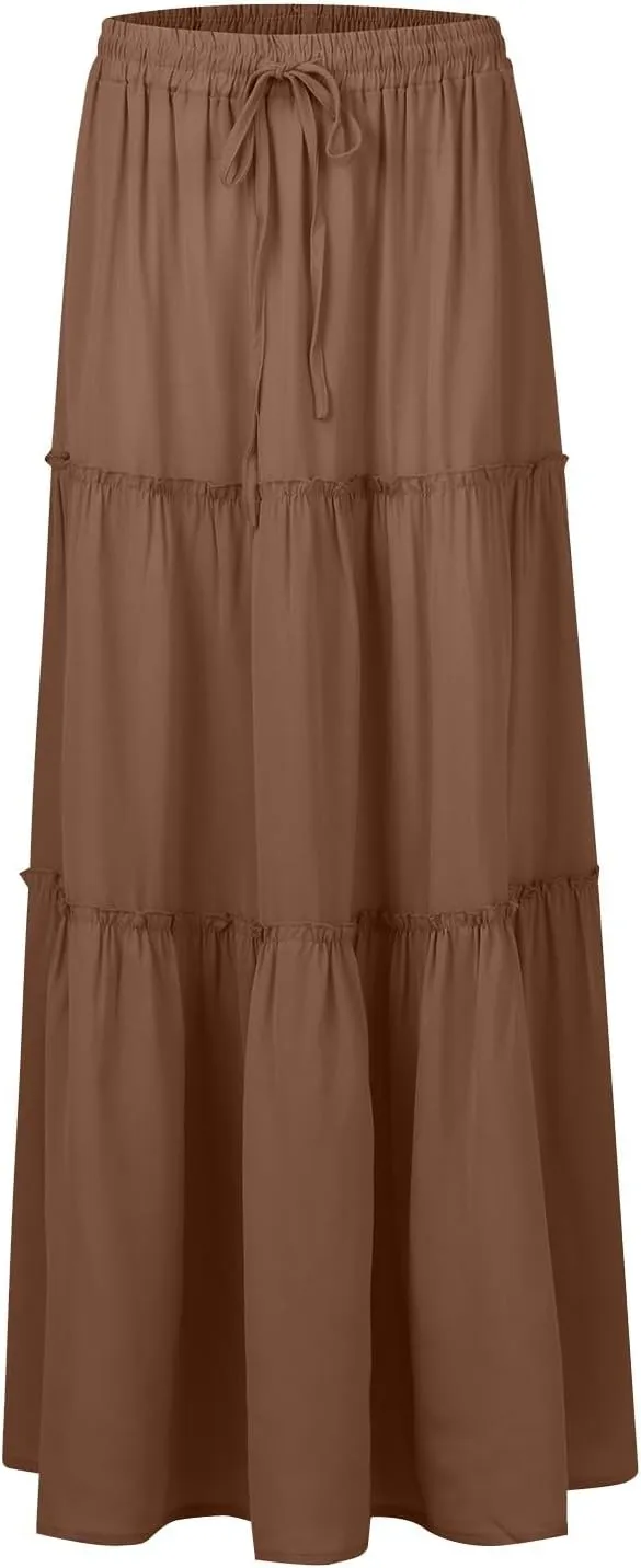 Maxi Skirts for Women Trendy Boho Flowy Long Beach Skirt Casual Drawstring High Waisted Pleated A-Line Tiered Skirts