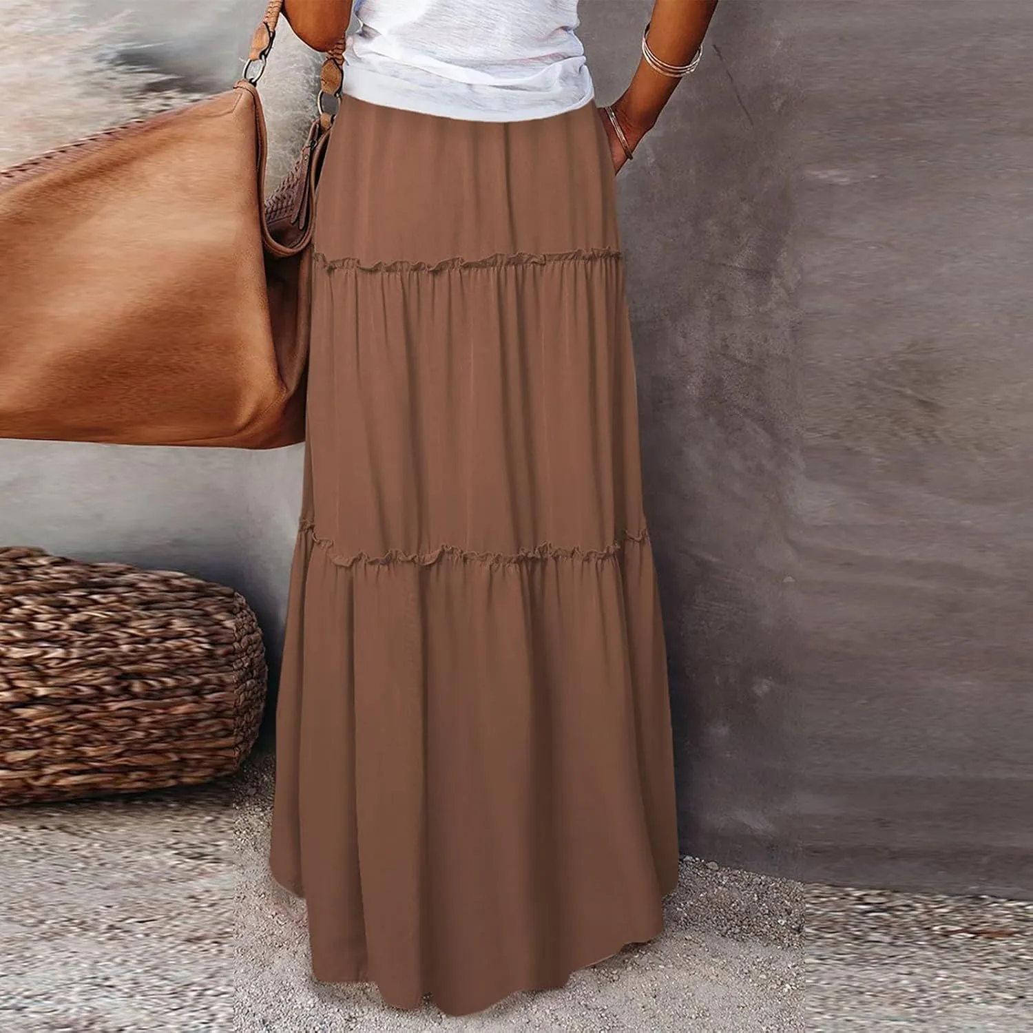Maxi Skirts for Women Trendy Boho Flowy Long Beach Skirt Casual Drawstring High Waisted Pleated A-Line Tiered Skirts
