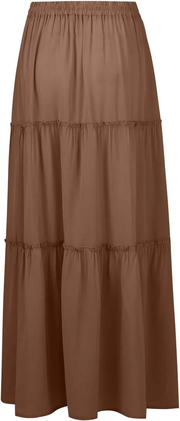 Maxi Skirts for Women Trendy Boho Flowy Long Beach Skirt Casual Drawstring High Waisted Pleated A-Line Tiered Skirts