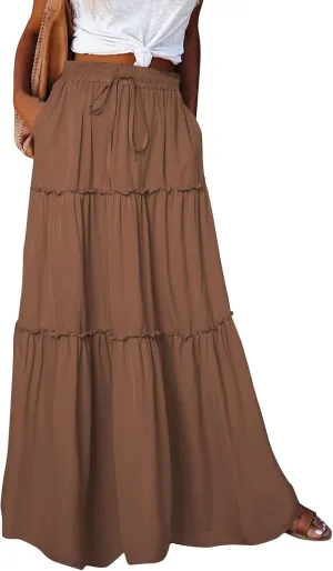 Maxi Skirts for Women Trendy Boho Flowy Long Beach Skirt Casual Drawstring High Waisted Pleated A-Line Tiered Skirts