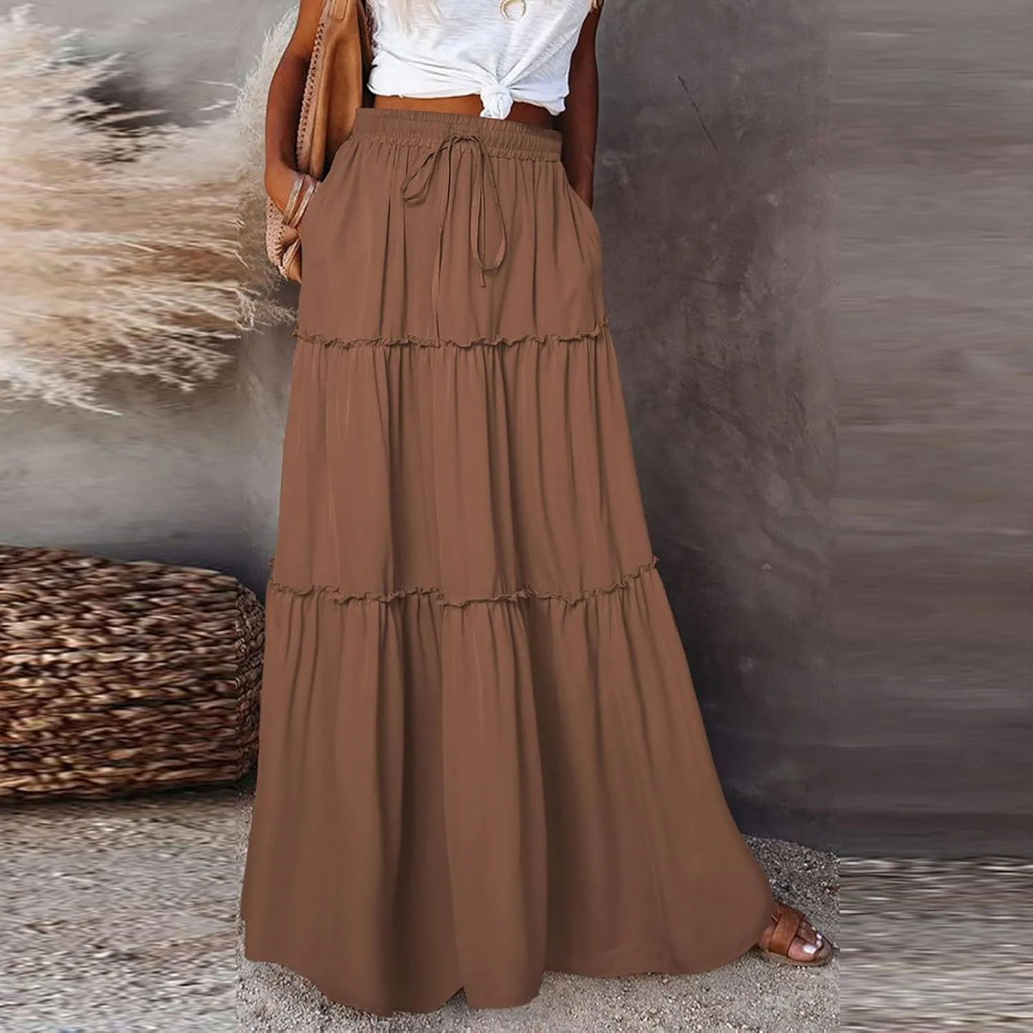 Maxi Skirts for Women Trendy Boho Flowy Long Beach Skirt Casual Drawstring High Waisted Pleated A-Line Tiered Skirts
