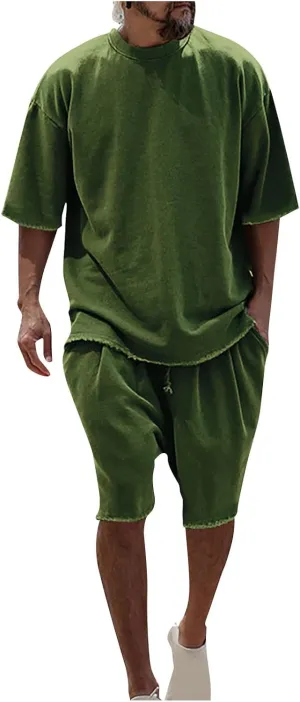 Men's 2 Piece Outfits Casual Tracksuit Cargo Shorts Summer Athletic Drop Shoulder Sleeve Sportwear Set Round-Neck Solid Suits