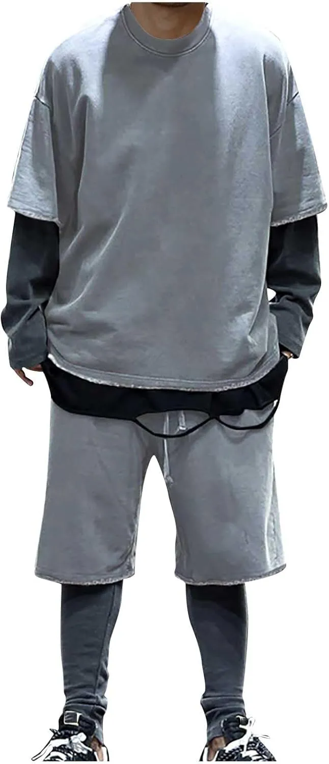 Men's 2 Piece Outfits Casual Tracksuit Cargo Shorts Summer Athletic Drop Shoulder Sleeve Sportwear Set Round-Neck Solid Suits