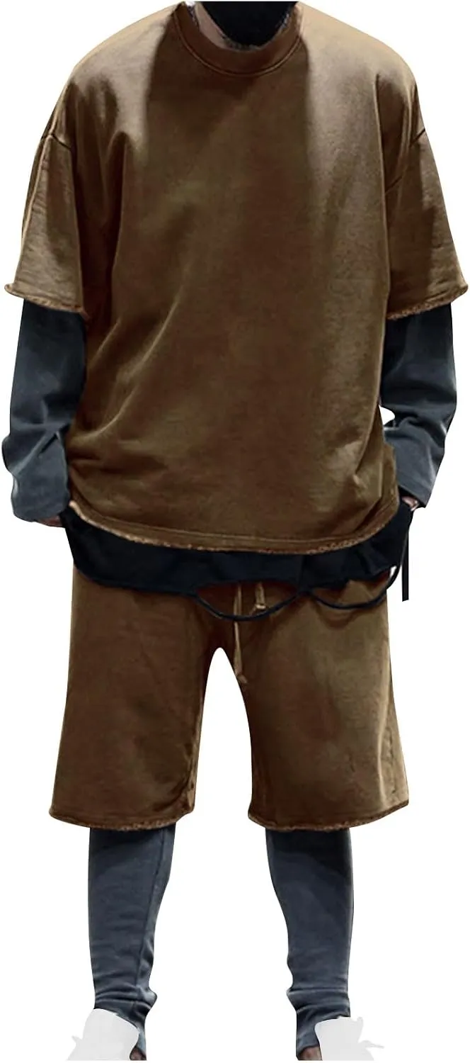 Men's 2 Piece Outfits Casual Tracksuit Cargo Shorts Summer Athletic Drop Shoulder Sleeve Sportwear Set Round-Neck Solid Suits