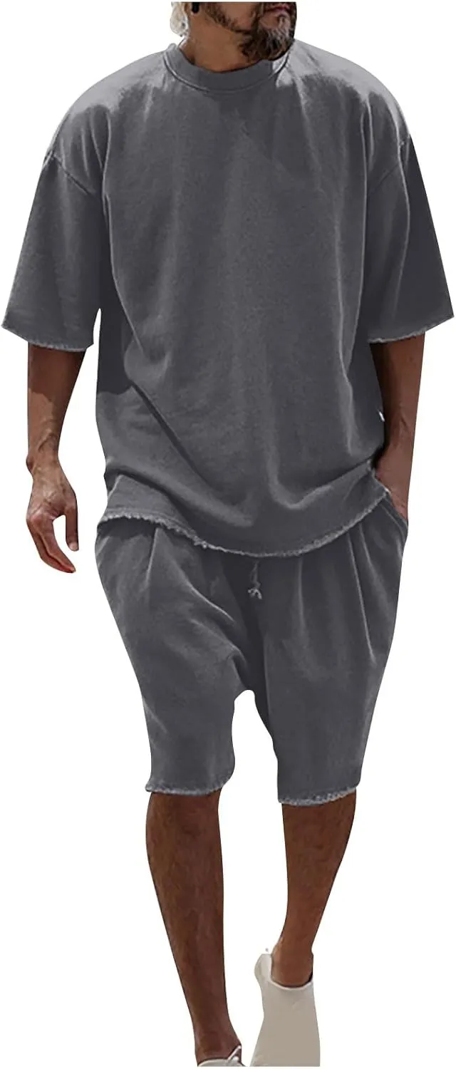 Men's 2 Piece Outfits Casual Tracksuit Cargo Shorts Summer Athletic Drop Shoulder Sleeve Sportwear Set Round-Neck Solid Suits