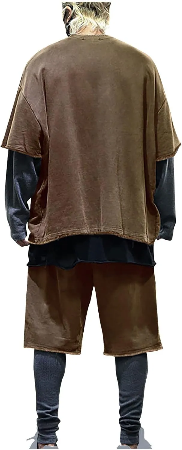 Men's 2 Piece Outfits Casual Tracksuit Cargo Shorts Summer Athletic Drop Shoulder Sleeve Sportwear Set Round-Neck Solid Suits