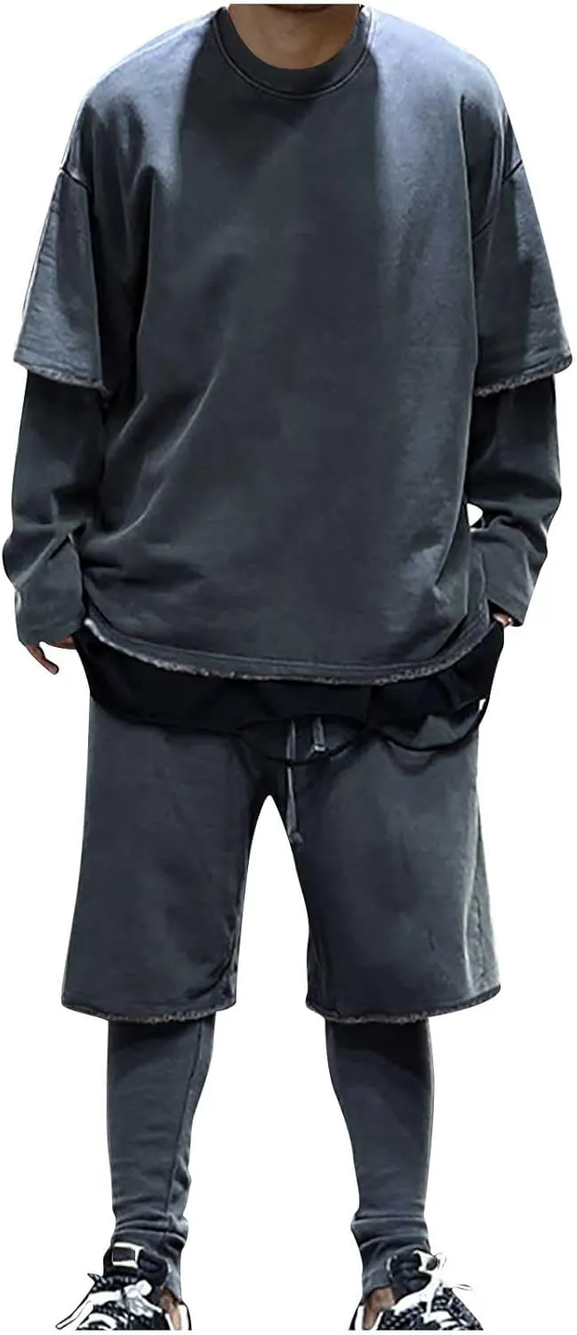 Men's 2 Piece Outfits Casual Tracksuit Cargo Shorts Summer Athletic Drop Shoulder Sleeve Sportwear Set Round-Neck Solid Suits