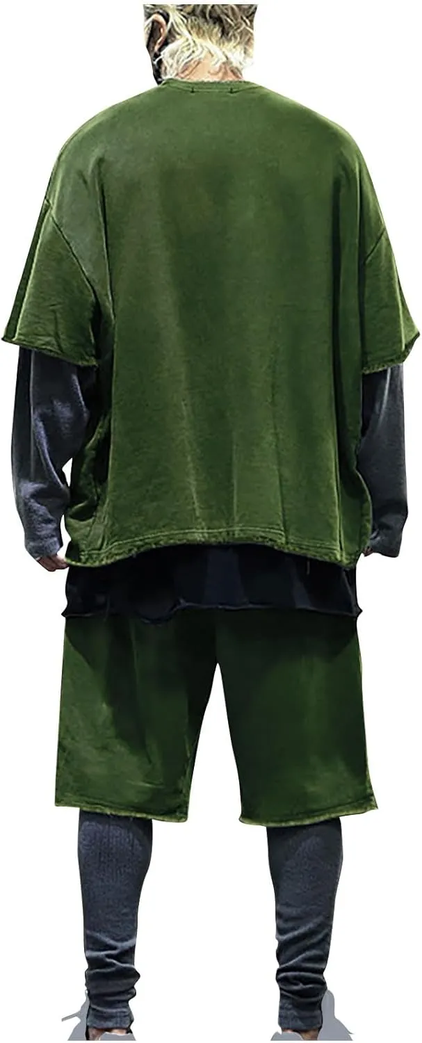 Men's 2 Piece Outfits Casual Tracksuit Cargo Shorts Summer Athletic Drop Shoulder Sleeve Sportwear Set Round-Neck Solid Suits