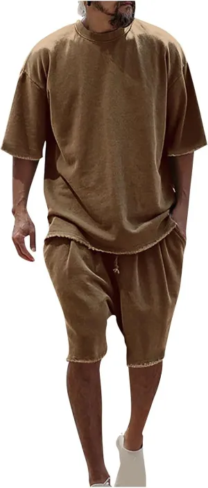 Men's 2 Piece Outfits Casual Tracksuit Cargo Shorts Summer Athletic Drop Shoulder Sleeve Sportwear Set Round-Neck Solid Suits