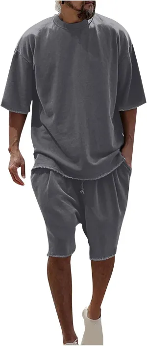 Men's 2 Piece Outfits Casual Tracksuit Cargo Shorts Summer Athletic Drop Shoulder Sleeve Sportwear Set Round-Neck Solid Suits