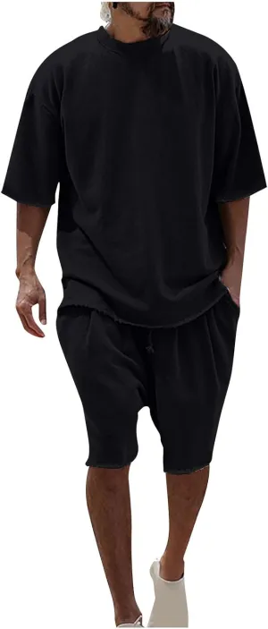 Men's 2 Piece Outfits Casual Tracksuit Cargo Shorts Summer Athletic Drop Shoulder Sleeve Sportwear Set Round-Neck Solid Suits