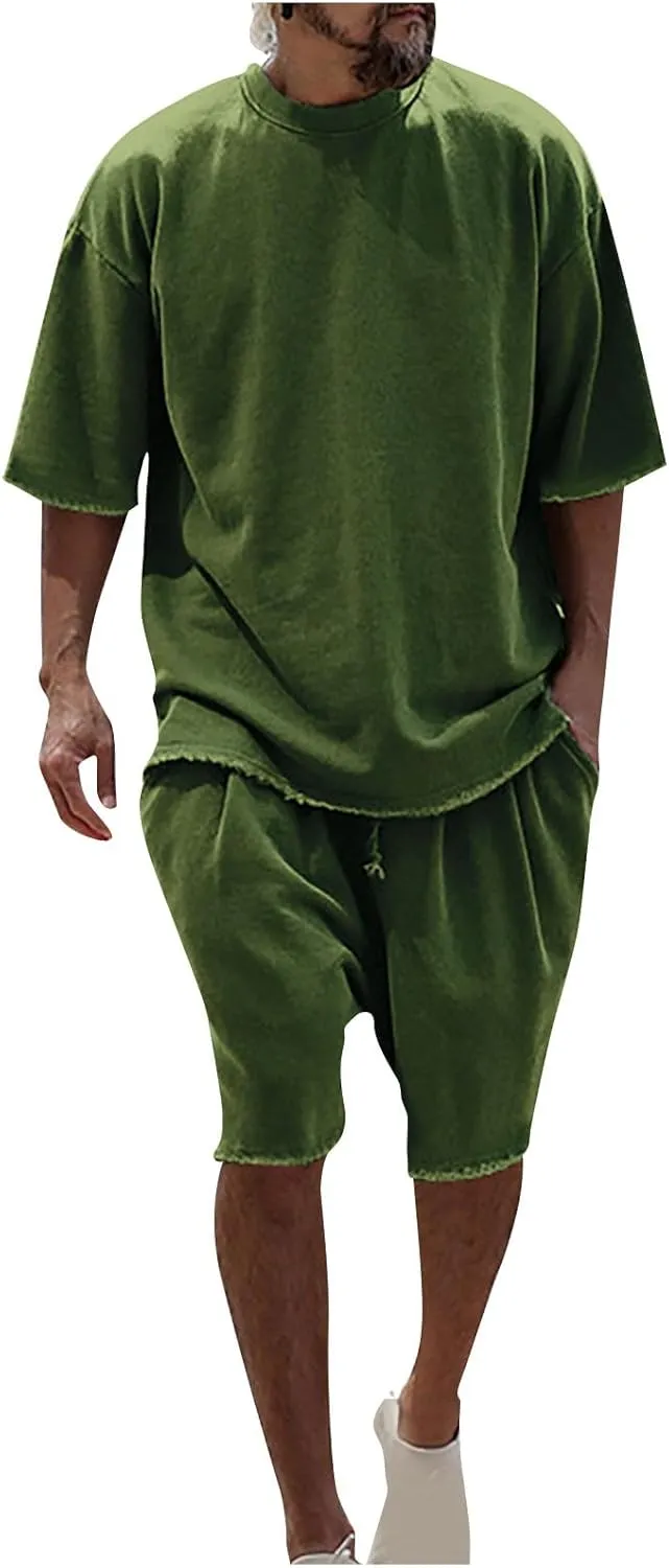 Men's 2 Piece Outfits Casual Tracksuit Cargo Shorts Summer Athletic Drop Shoulder Sleeve Sportwear Set Round-Neck Solid Suits