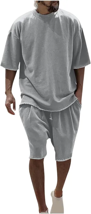 Men's 2 Piece Outfits Casual Tracksuit Cargo Shorts Summer Athletic Drop Shoulder Sleeve Sportwear Set Round-Neck Solid Suits