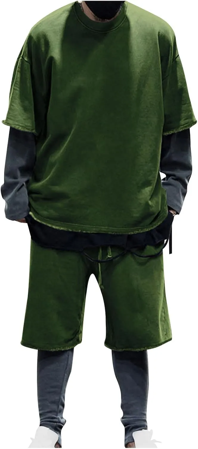 Men's 2 Piece Outfits Casual Tracksuit Cargo Shorts Summer Athletic Drop Shoulder Sleeve Sportwear Set Round-Neck Solid Suits
