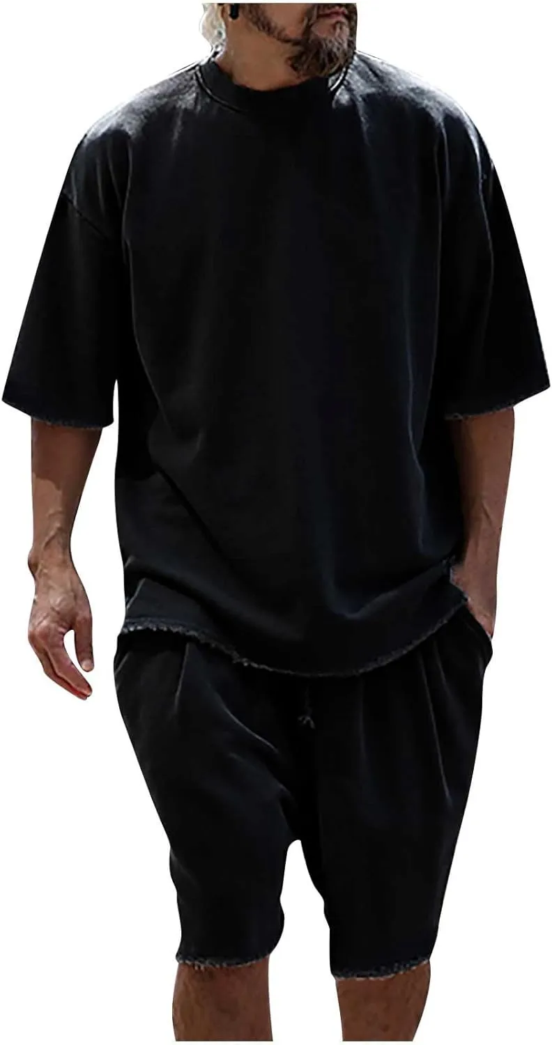 Men's 2 Piece Outfits Casual Tracksuit Cargo Shorts Summer Athletic Drop Shoulder Sleeve Sportwear Set Round-Neck Solid Suits
