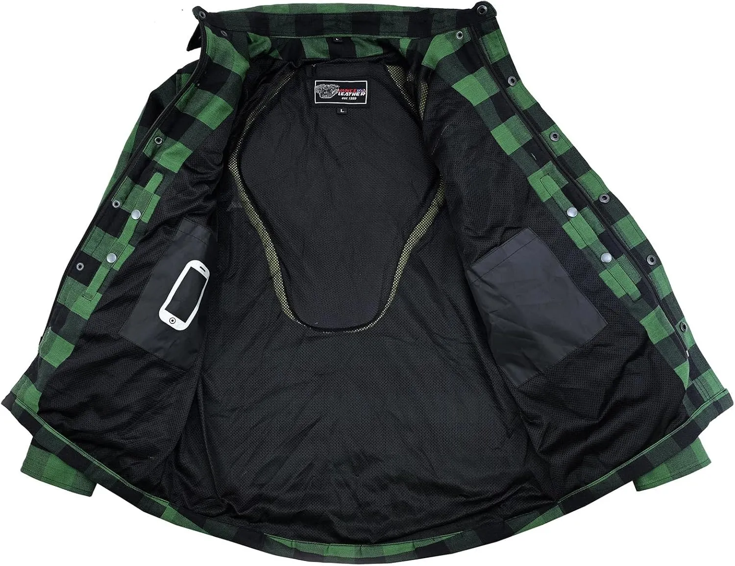 Mens Armored Checkered Flannel Biker Shirt, Multiple Waterproof Storage Pockets CE Approved Armor Reinforced Water Resistant