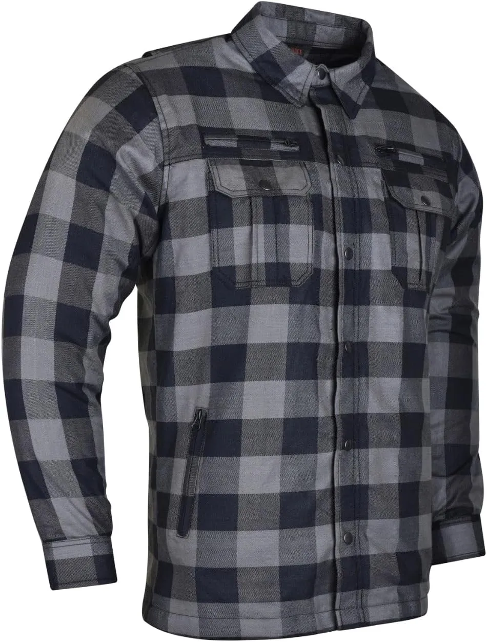 Men's Armored Checkered Flannel Biker Shirt, Multiple Waterproof Storage Pockets, CE Level 2 Armor Reinforced Water Resistant