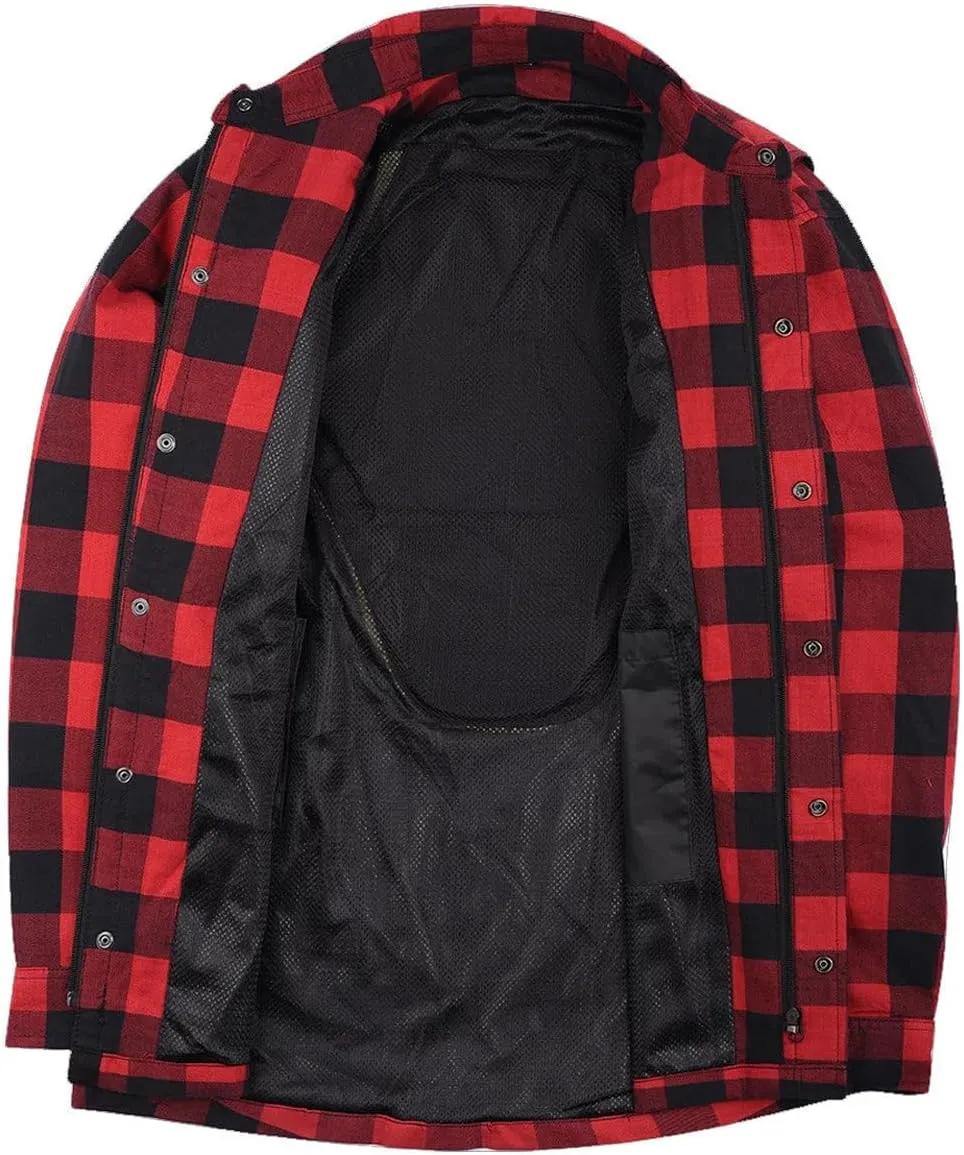 Men's Armored Checkered Flannel Biker Shirt, Multiple Waterproof Storage Pockets, CE Level 2 Armor Reinforced Water Resistant