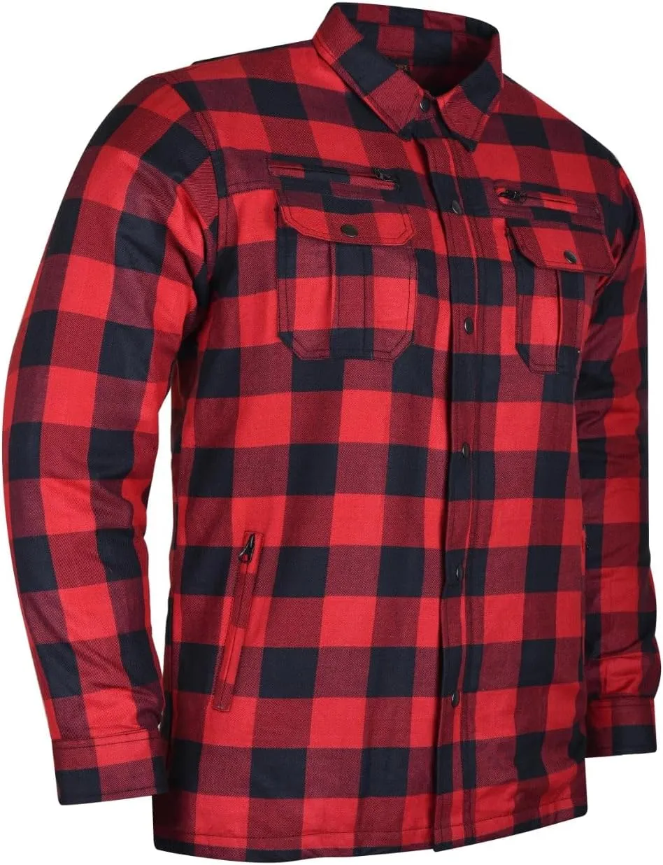 Men's Armored Checkered Flannel Biker Shirt, Multiple Waterproof Storage Pockets, CE Level 2 Armor Reinforced Water Resistant