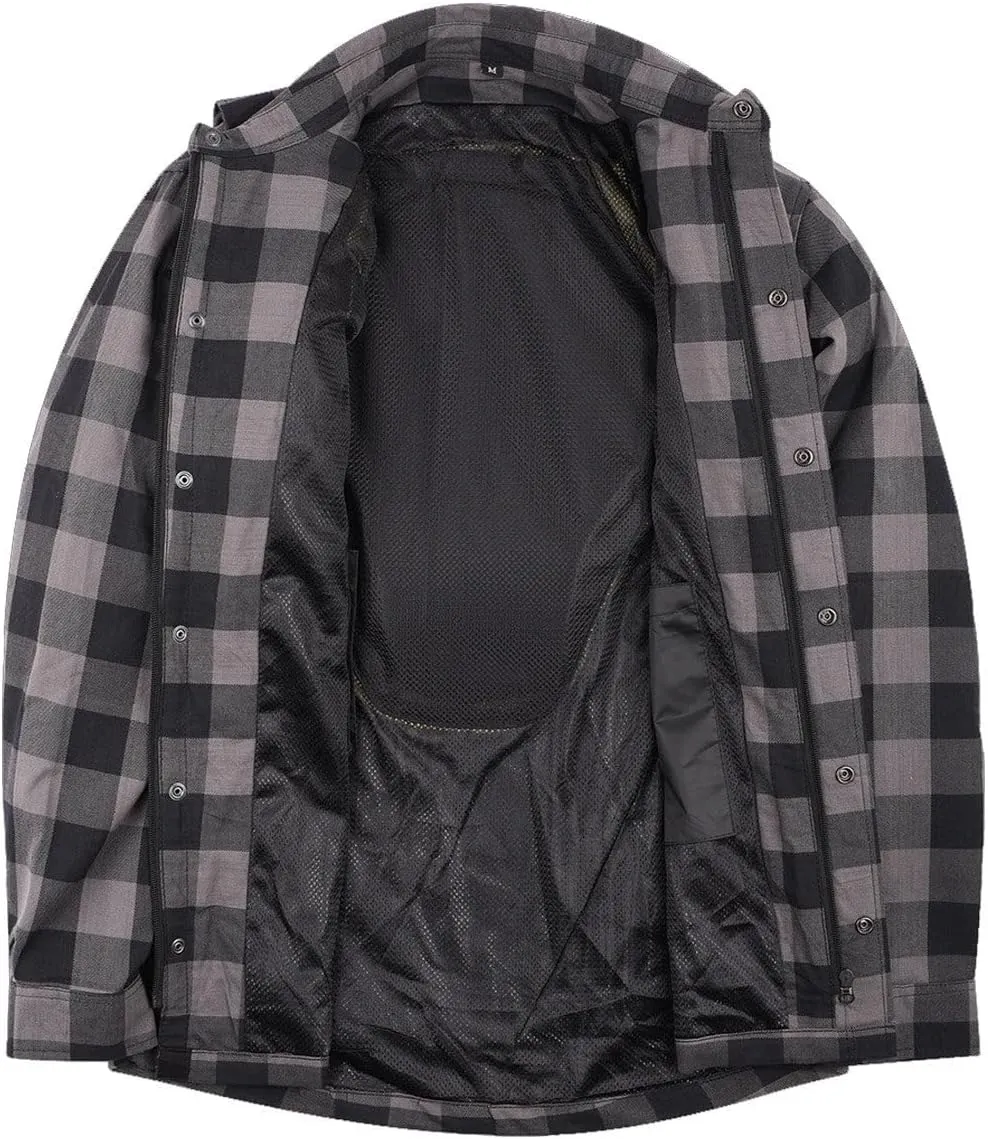 Men's Armored Checkered Flannel Biker Shirt, Multiple Waterproof Storage Pockets, CE Level 2 Armor Reinforced Water Resistant
