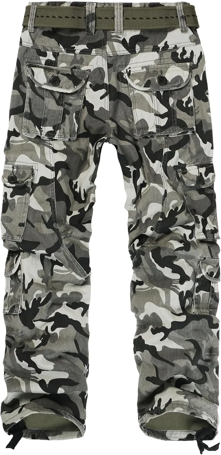 Men's Camo Cargo Pants Cotton Ripstop Outdoor Adventure Wear Casual Hiking Work Pants with Multi Pockets(No Belt)