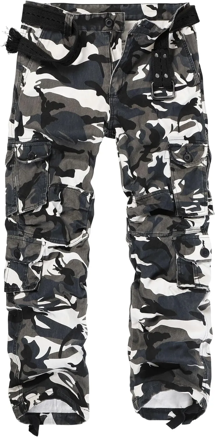 Men's Camo Cargo Pants Cotton Ripstop Outdoor Adventure Wear Casual Hiking Work Pants with Multi Pockets(No Belt)
