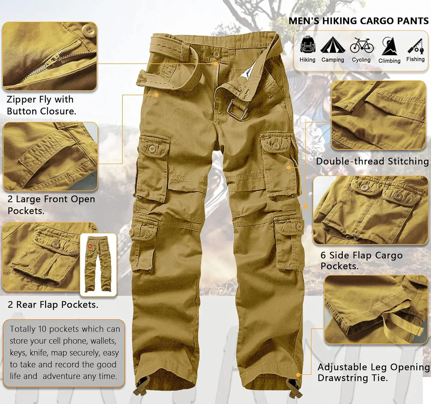 Men's Camo Cargo Pants Cotton Ripstop Outdoor Adventure Wear Casual Hiking Work Pants with Multi Pockets(No Belt)