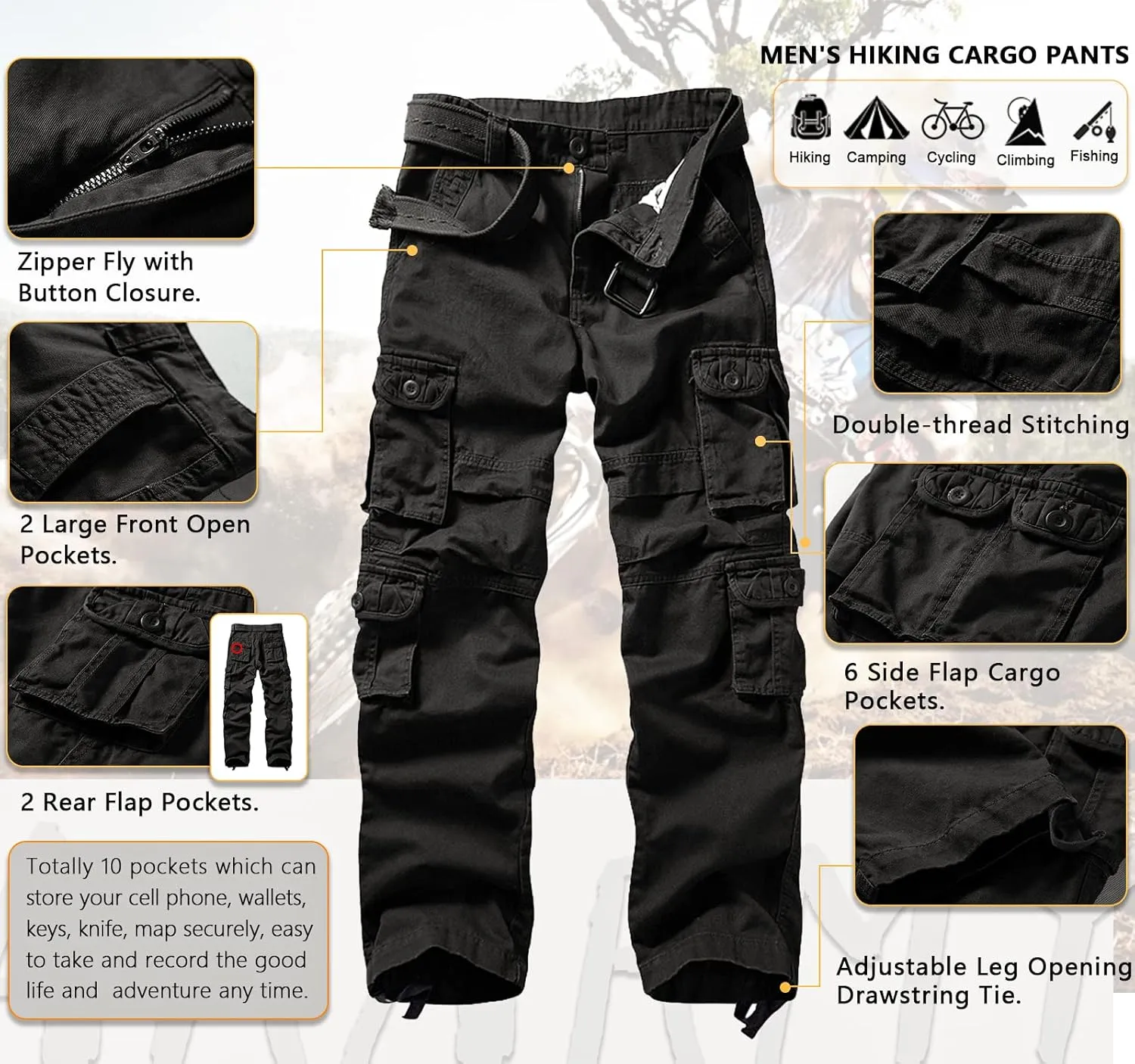 Men's Camo Cargo Pants Cotton Ripstop Outdoor Adventure Wear Casual Hiking Work Pants with Multi Pockets(No Belt)