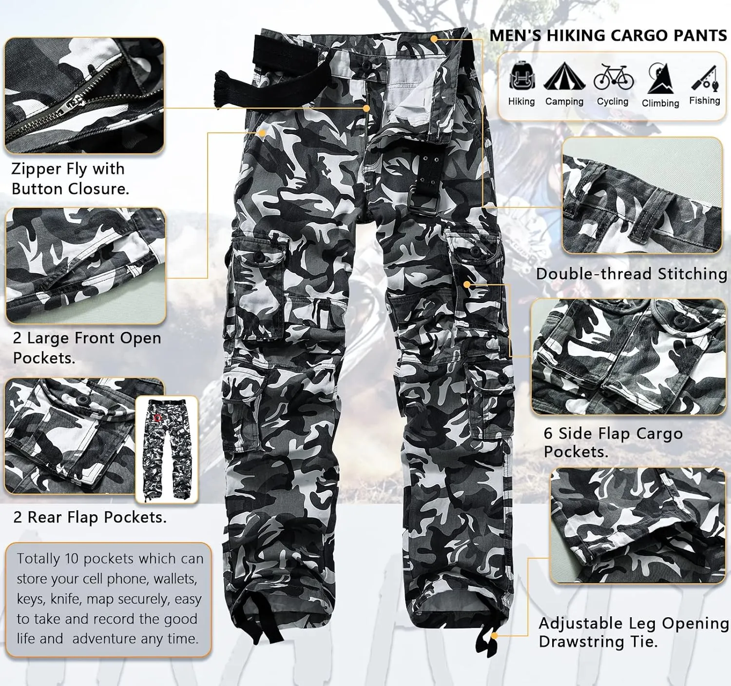 Men's Camo Cargo Pants Cotton Ripstop Outdoor Adventure Wear Casual Hiking Work Pants with Multi Pockets(No Belt)