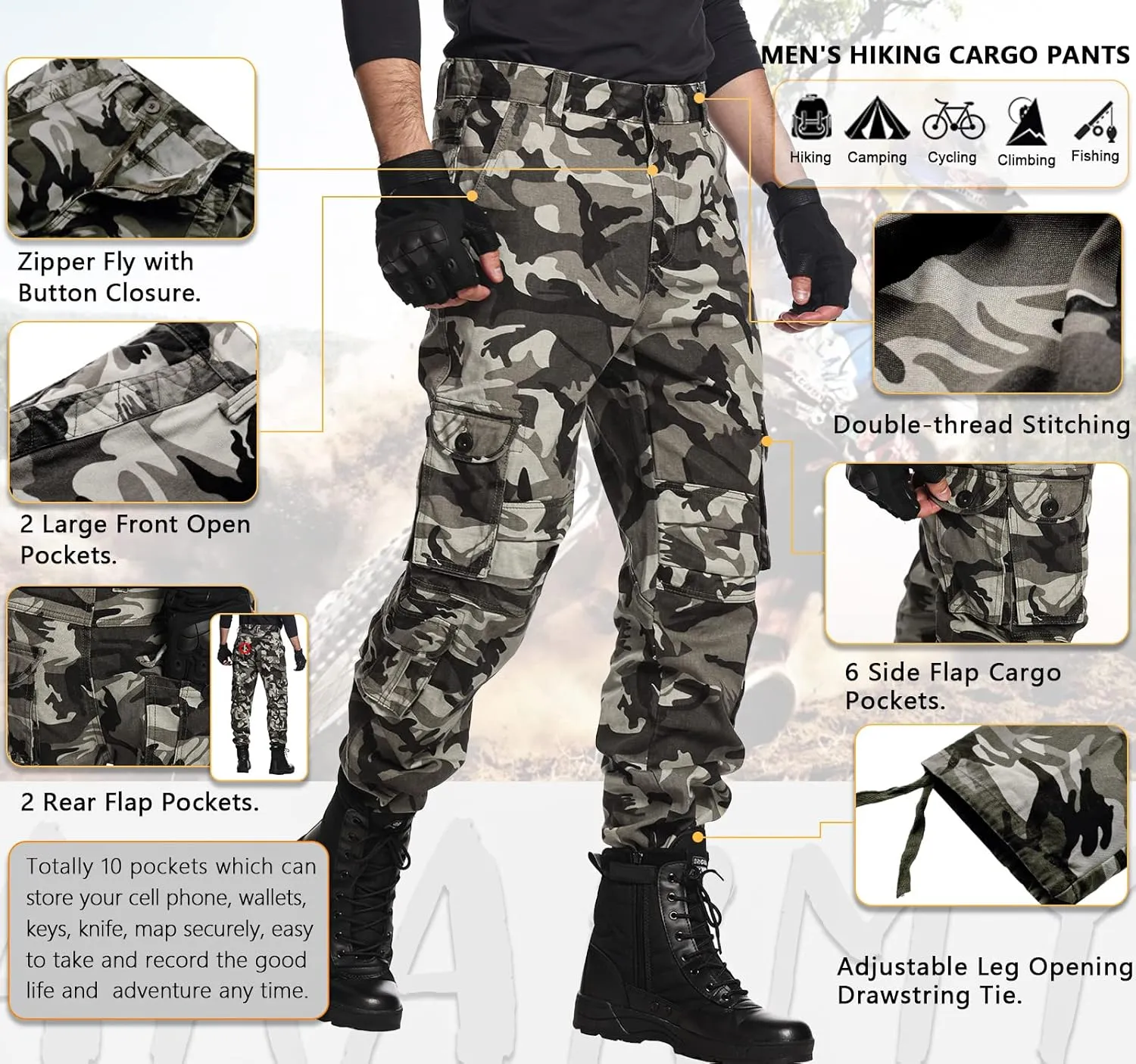 Men's Camo Cargo Pants Cotton Ripstop Outdoor Adventure Wear Casual Hiking Work Pants with Multi Pockets(No Belt)