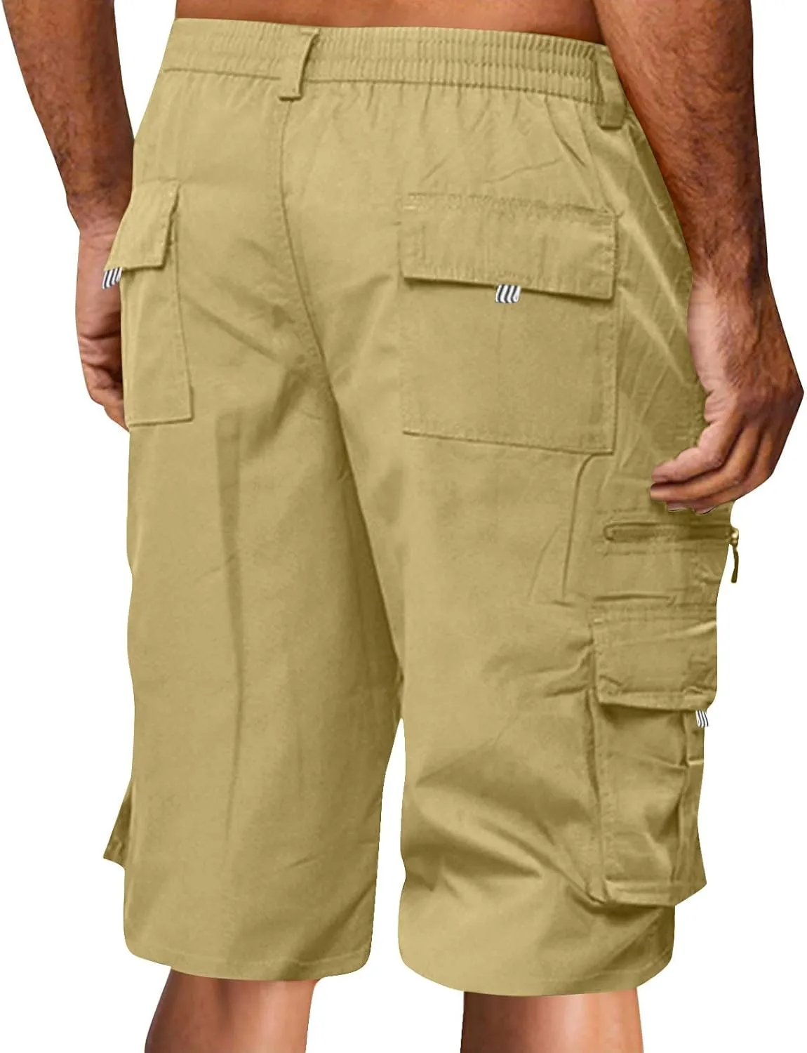 Men's Cargo Shorts 3/4 Relaxed Fit Below Knee Length Shorts 7 Pockets Elastic Waist Cotton Hiking Shorts